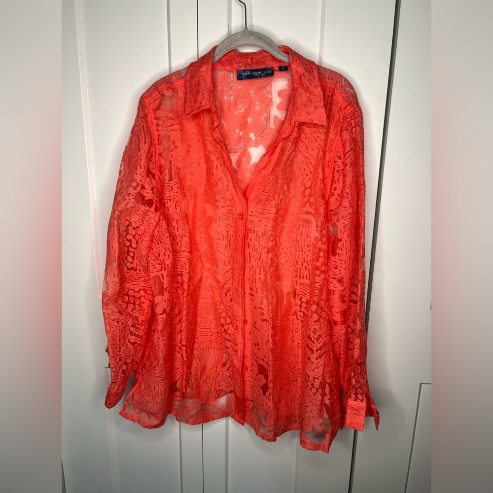 Susan Graver Style Sheer Floral Coral Button-Up Blouse Plus Size 1X